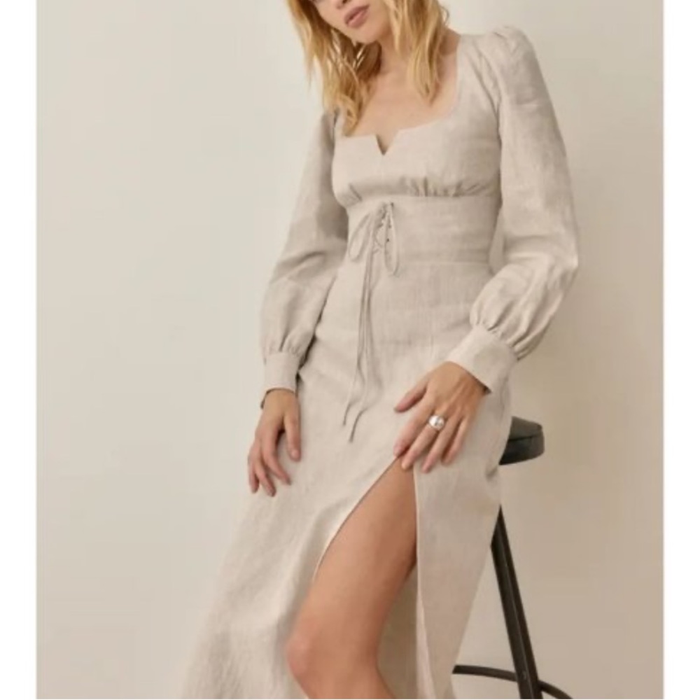 Reformation Anton Linen Dress in Oatmeal Midi Dress Slit Cut Out Neckline